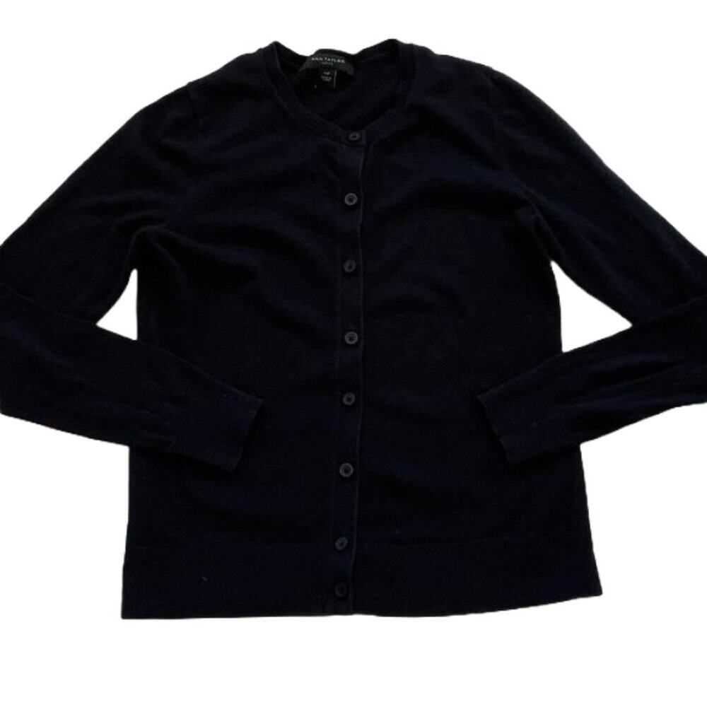 Ann Taylor Black Crewneck Cardigan Sweater, Minimalist, Classic, Size XSP